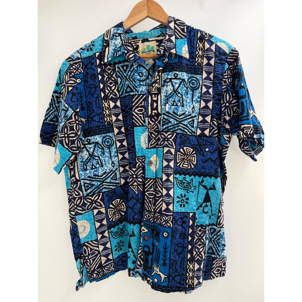 Vintage Paradise Bay Hawaii Aloha Shirt Blue Tiki Tribal Barkcloth Print M